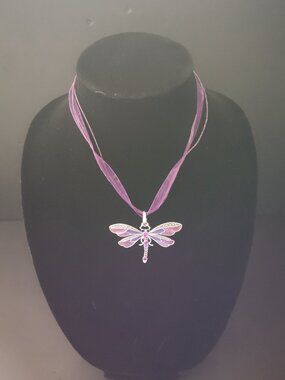 Dragonfly Purple with Silver Tone & Rhinestones Pendant Necklace Cord & Ribbon